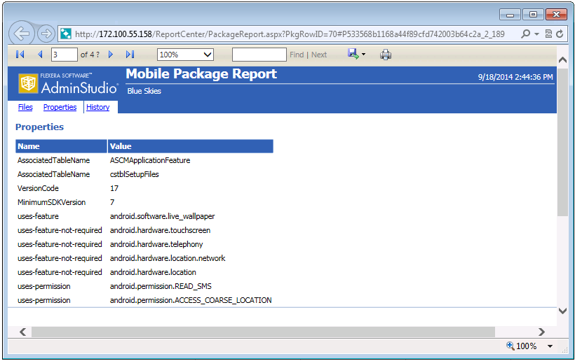 Package Report / Properties View